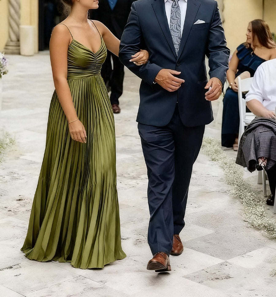 A-Line/Princess Spaghetti Strap V-Neck Pleated Satin Long Prom Dresses