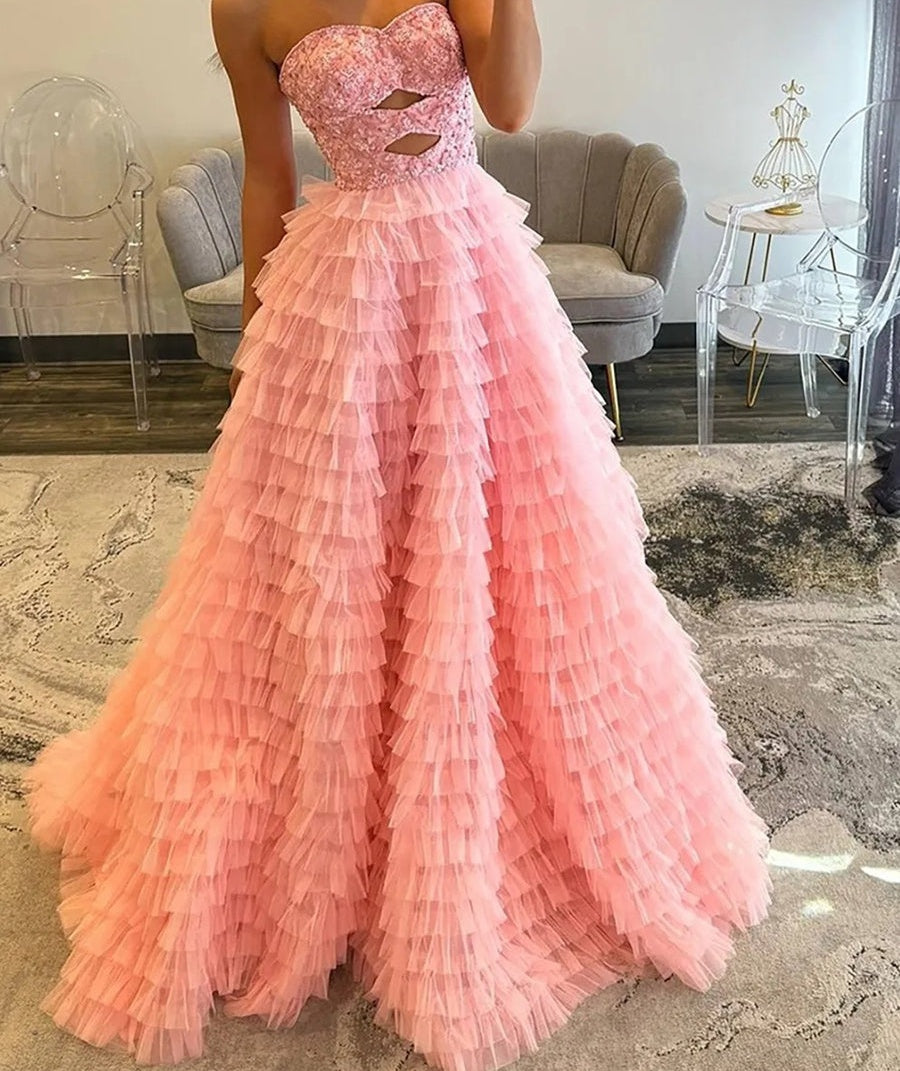 A-Line/Princess Sweetheart Cut-Out Floor-Length Prom Dresses with Tiered Ruffle