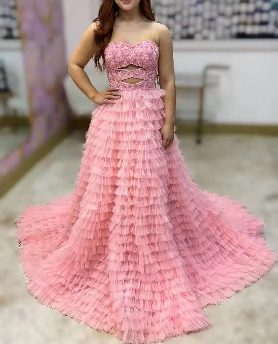 A-Line/Princess Sweetheart Cut-Out Floor-Length Prom Dresses with Tiered Ruffle