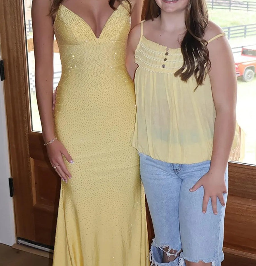 V-Neck Double Spaghetti Strap Beading Long Prom Dresses Mermaid with Train