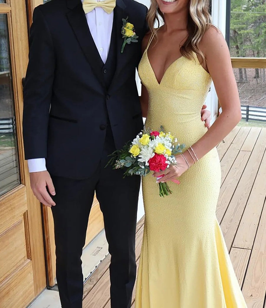 V-Neck Double Spaghetti Strap Beading Long Prom Dresses Mermaid with Train