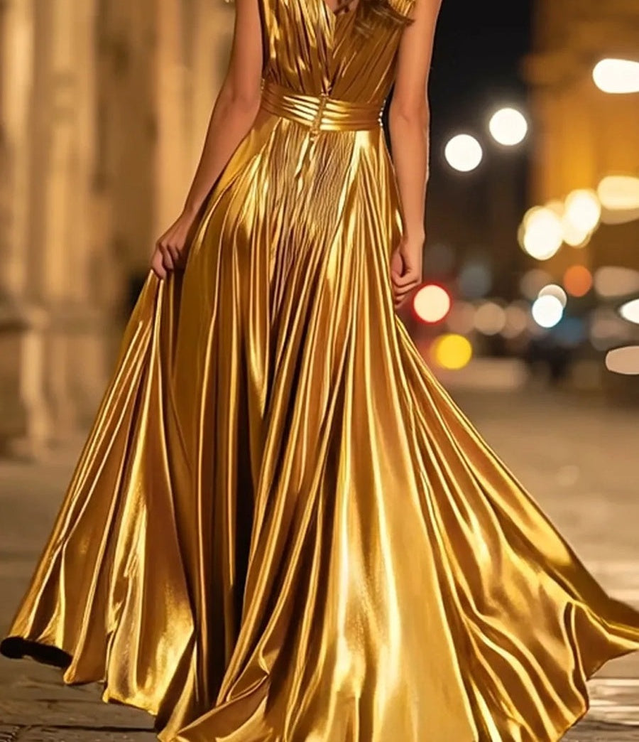 V-Neck Pleated Metallic Corset A-Line/Princess Long Prom Dresses with Ruched Waist