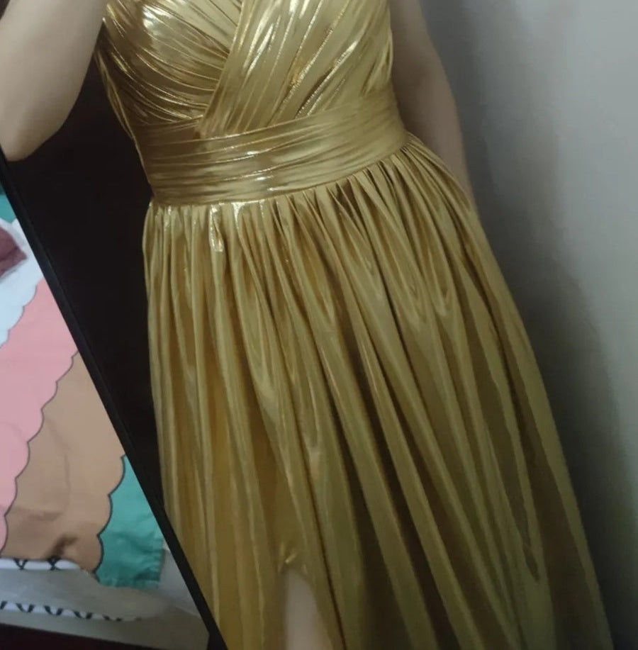 V-Neck Pleated Metallic Corset A-Line/Princess Long Prom Dresses with Ruched Waist