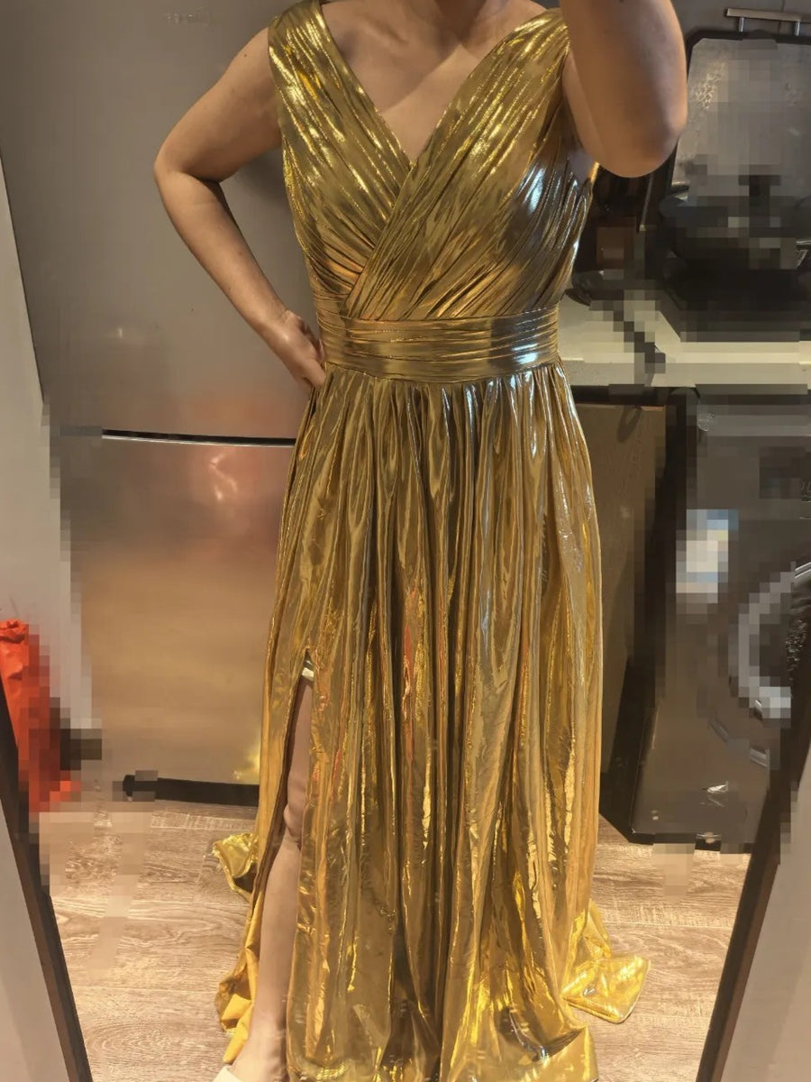 V-Neck Pleated Metallic Corset A-Line/Princess Long Prom Dresses with Ruched Waist