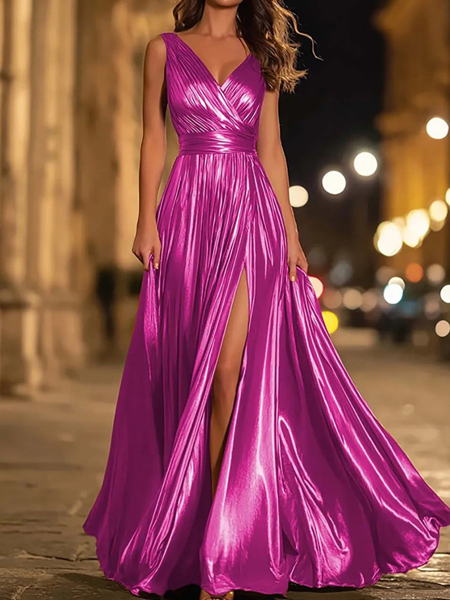 V-Neck Pleated Metallic Corset A-Line/Princess Long Prom Dresses with Ruched Waist