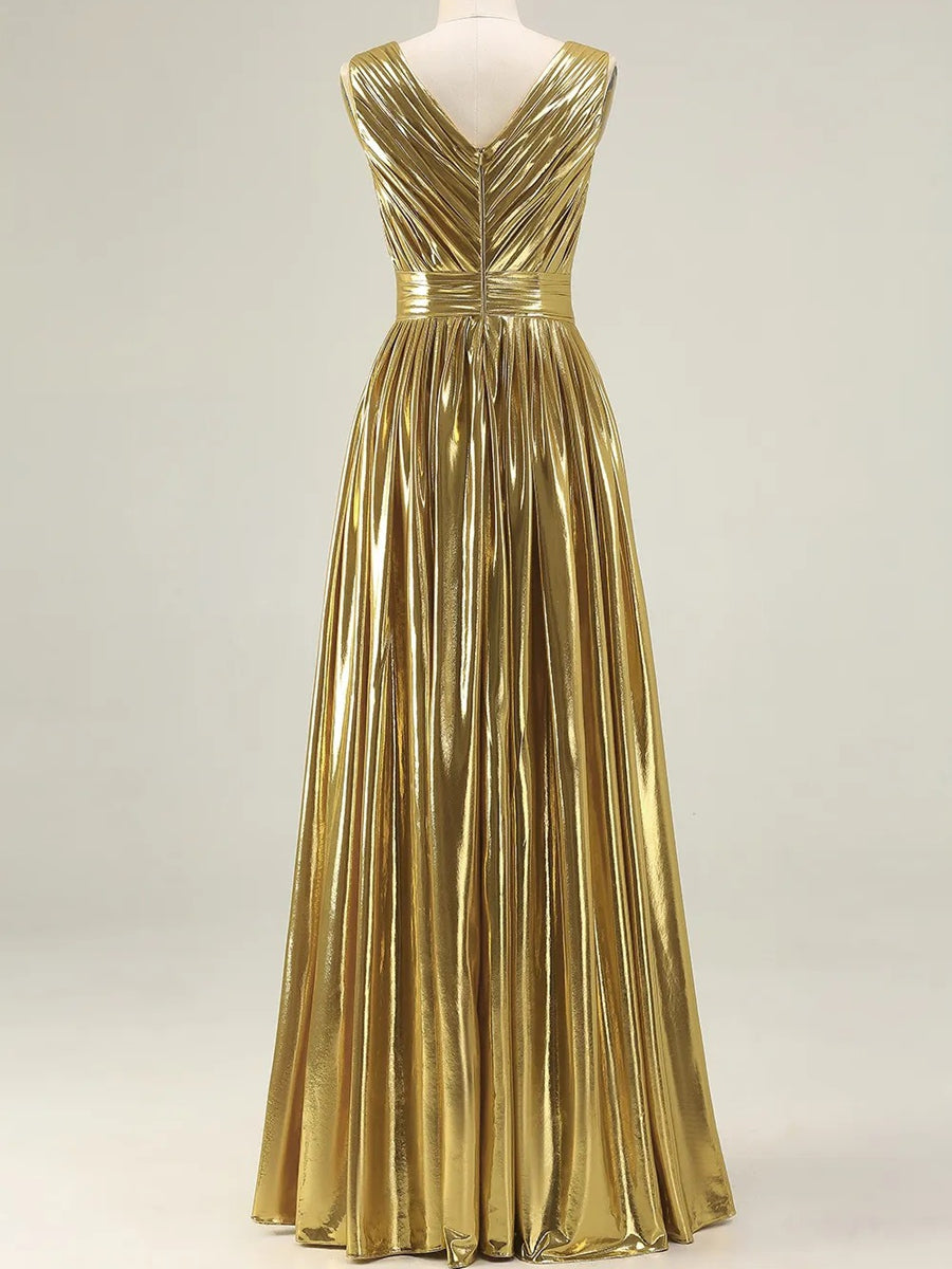 V-Neck Pleated Metallic Corset A-Line/Princess Long Prom Dresses with Ruched Waist