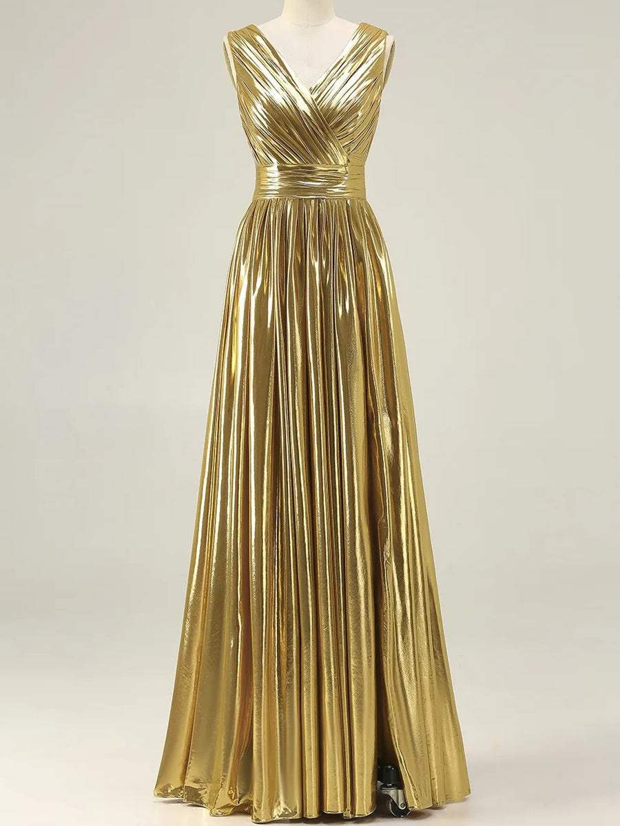 V-Neck Pleated Metallic Corset A-Line/Princess Long Prom Dresses with Ruched Waist