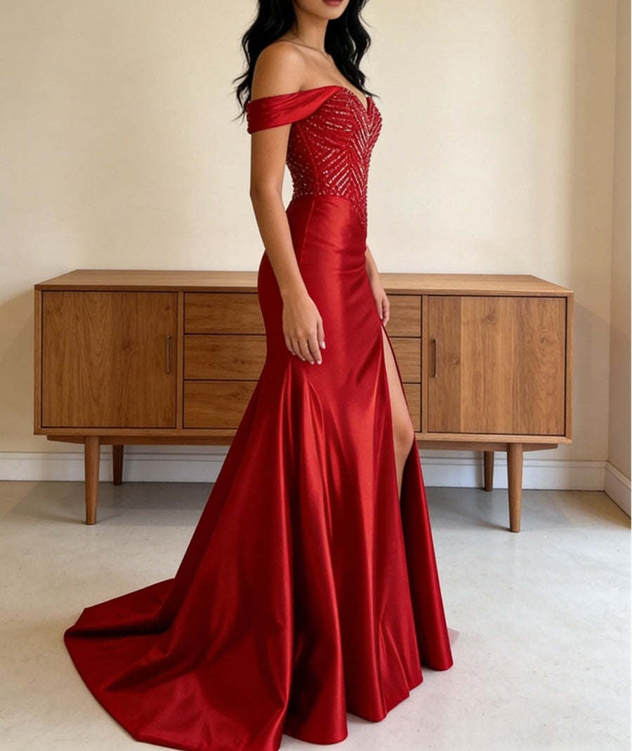 Sparkly Off Shoulder Sweetheart Long Prom Dresses A-Line Formal Evening Gowns with Satin