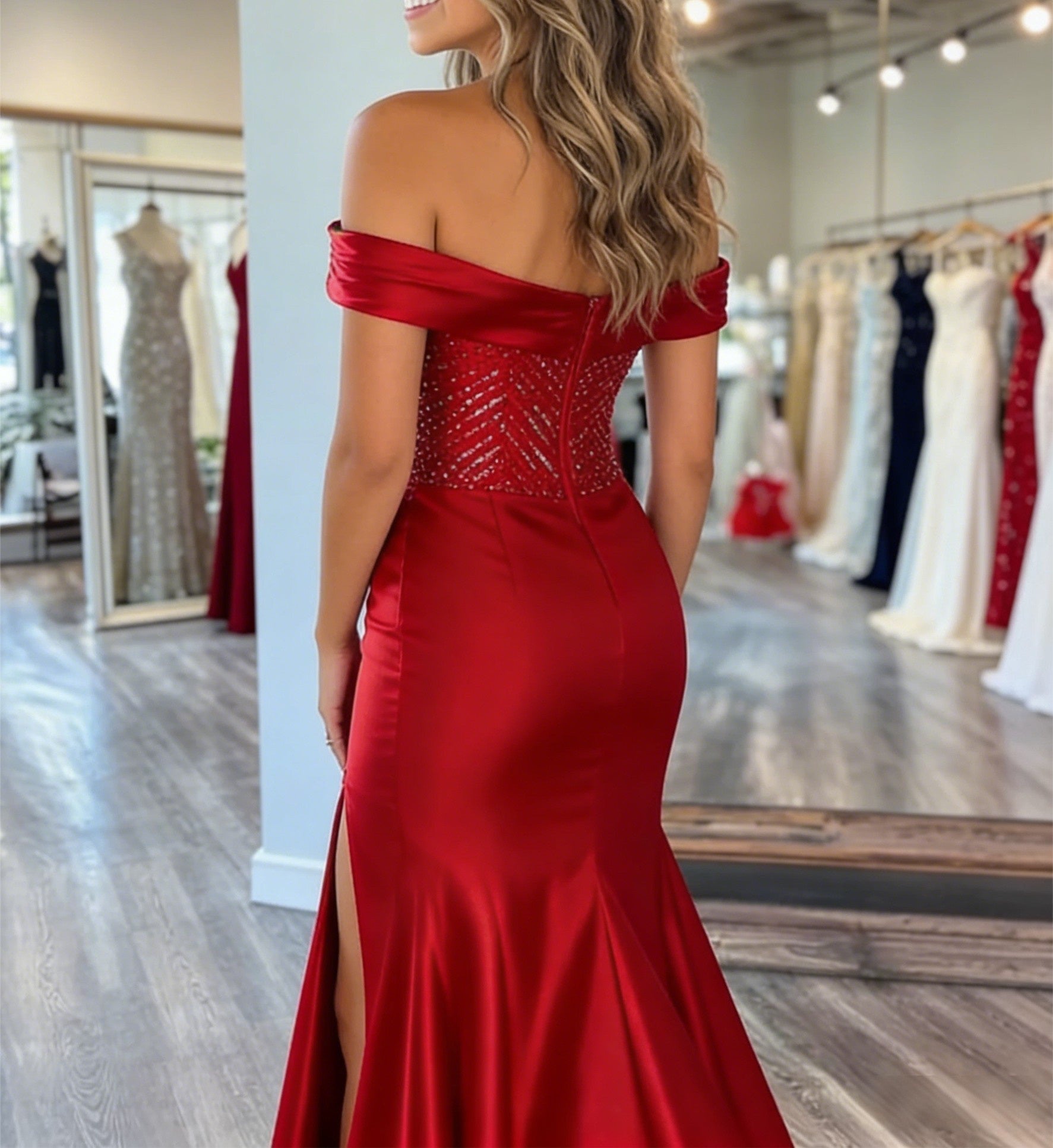 Sparkly Off Shoulder Sweetheart Long Prom Dresses A-Line Formal Evening Gowns with Satin