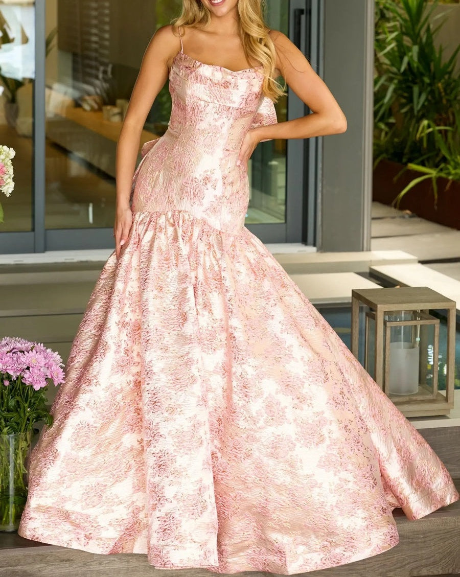 Mermaid/Trumpet Drop Waist Bow Long Prom Dresses with Jacquard