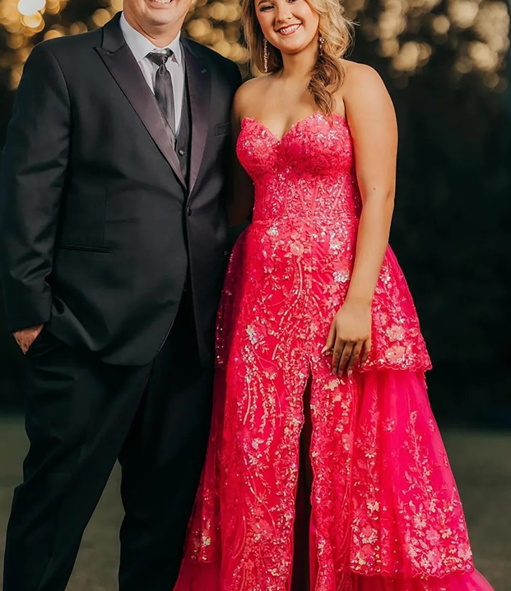 Sparkly Sequin Sweetheart Tiered Long Prom Dresses