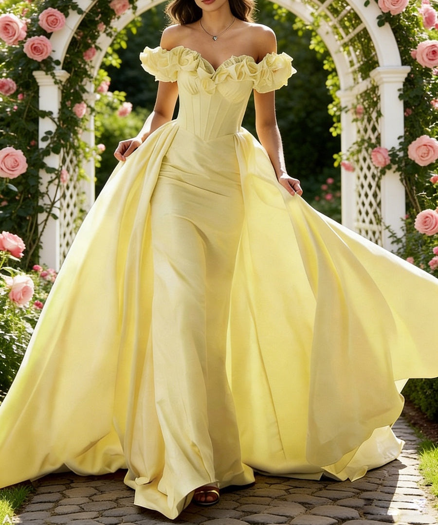 Ball Gown Off Shoulder Unique Ruffle Flowers Prom Dresses with Sweep/Brush Train