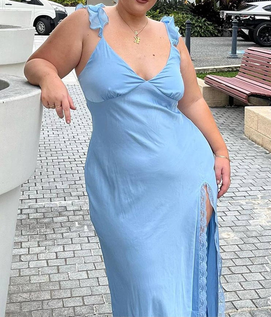 Mermaid/Trumpet Ruffle Spaghetti Strap Satin Long Prom Dresses