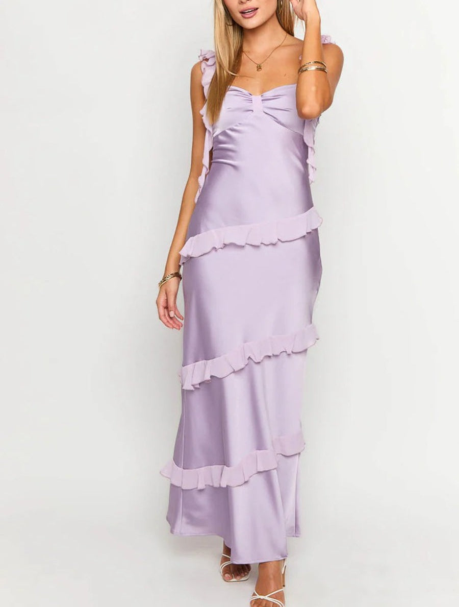 Sheath/Column Spaghetti Strap Satin Corset Long Prom Dresses with Ruffles