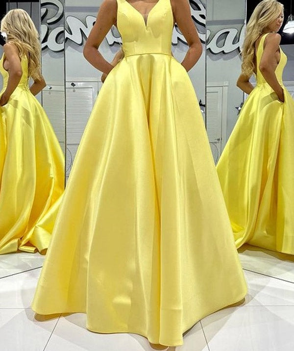 A-Line V-Neck Sleeveless Satin Floor Length Prom Dresses with Pockets