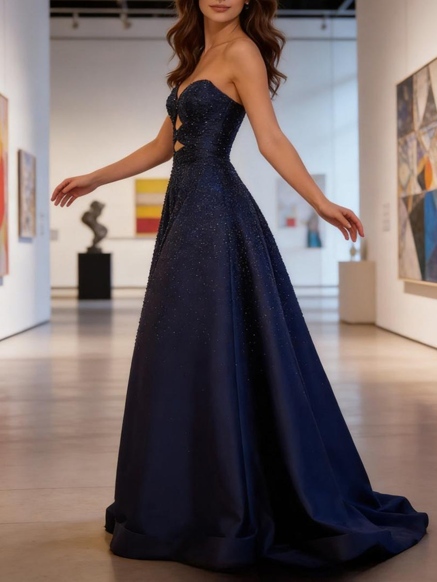 Strapless Cut-Out Beading Princess Long Prom Dresses Sweetheart Ball Gown