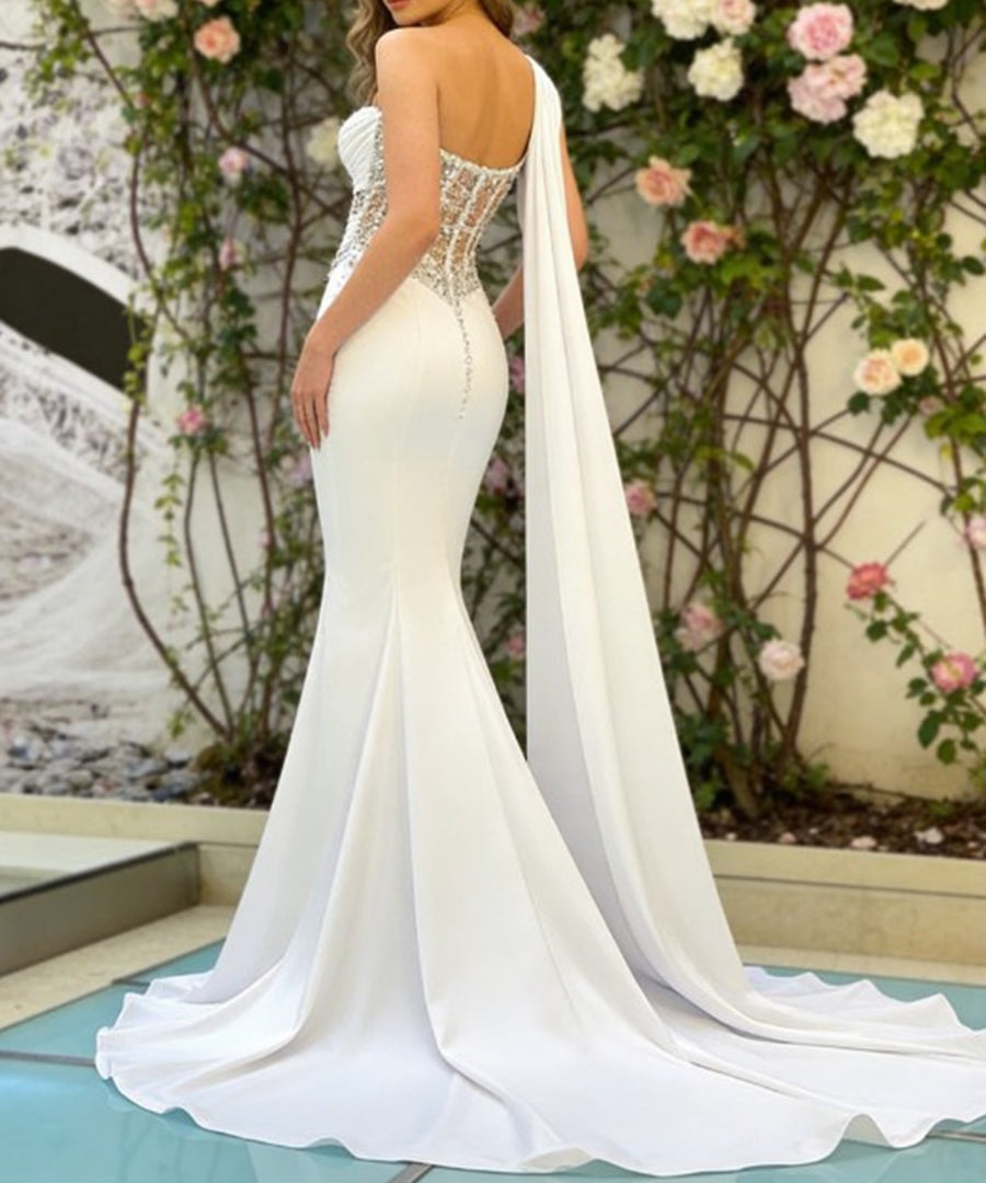 Trumpet/Mermaid One Shoulder Cape Satin Prom Dress with Sequins