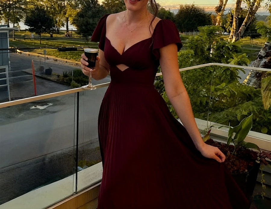 A-Line/Princess Short Sleeves Cutout Floor-Length Prom Dresses