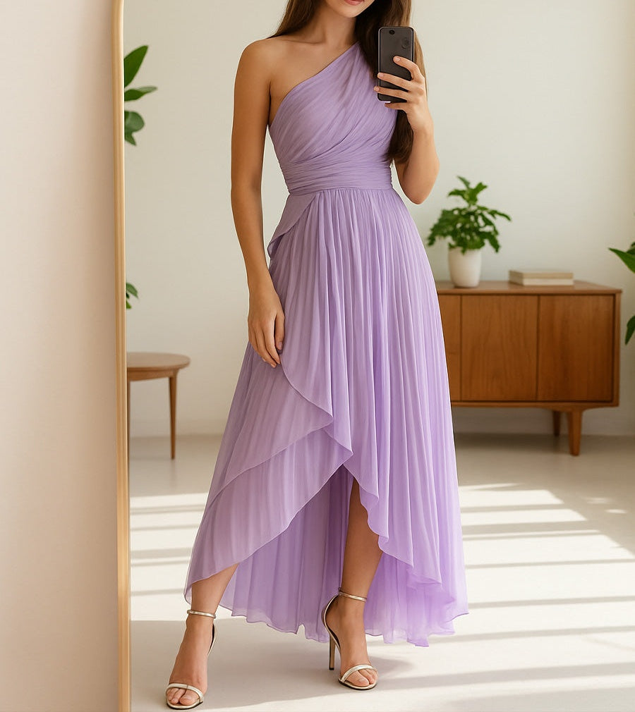 Elegant Wrap One Shoulder Sleeveless Long Prom Dresses with Ruffle