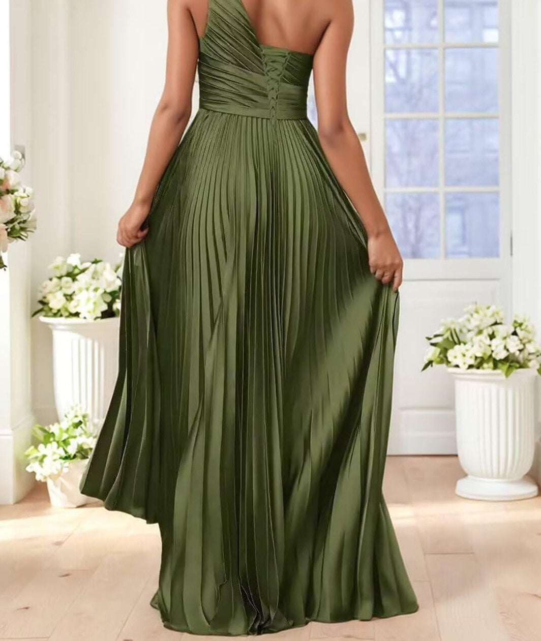 A-Line/Princess One Shoulder Pleated Satin Floor-Length Formal Dresses with Ruffle