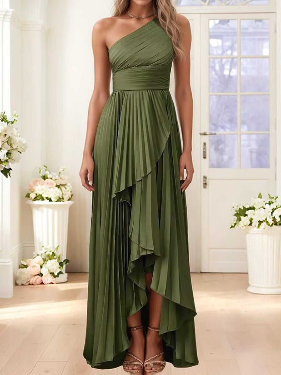 A-Line/Princess One Shoulder Pleated Satin Floor-Length Formal Dresses with Ruffle