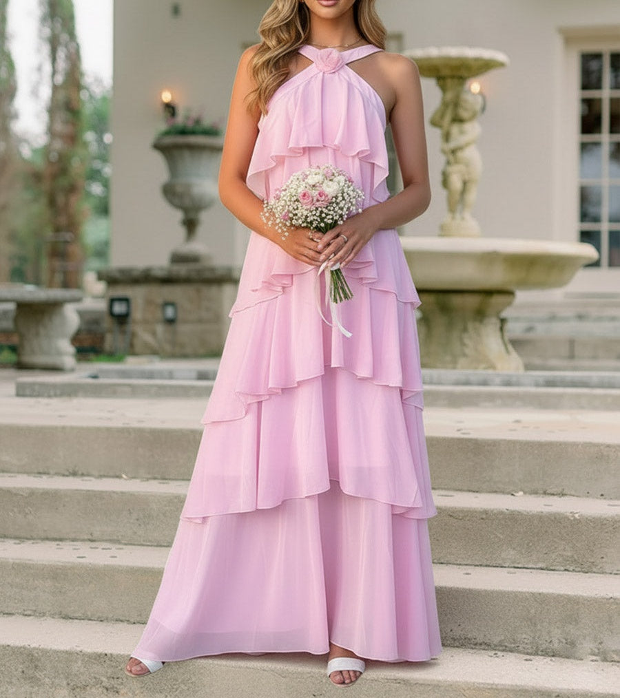 A Line/Princess Halter Floor-Length Prom Dresses with Ruffle Tiered
