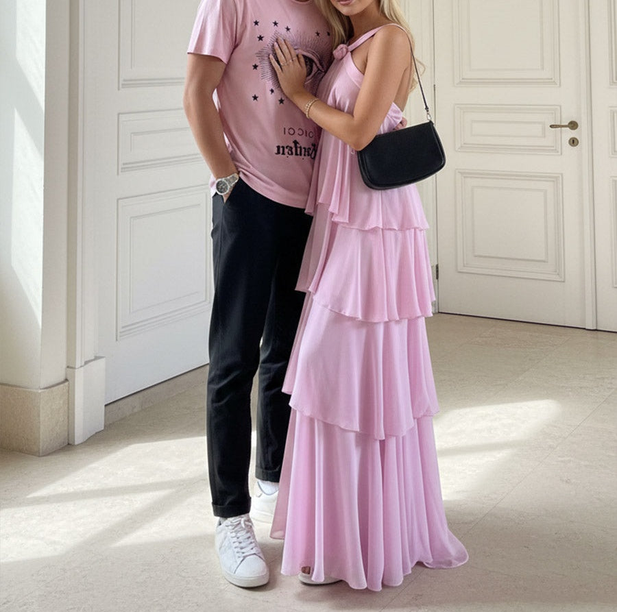 A Line/Princess Halter Floor-Length Prom Dresses with Ruffle Tiered