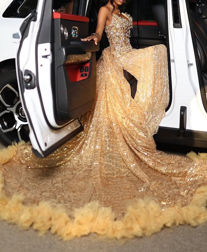 Gold Sweetheart Beaded Sparkles Court Train Flowers Prom Dresses