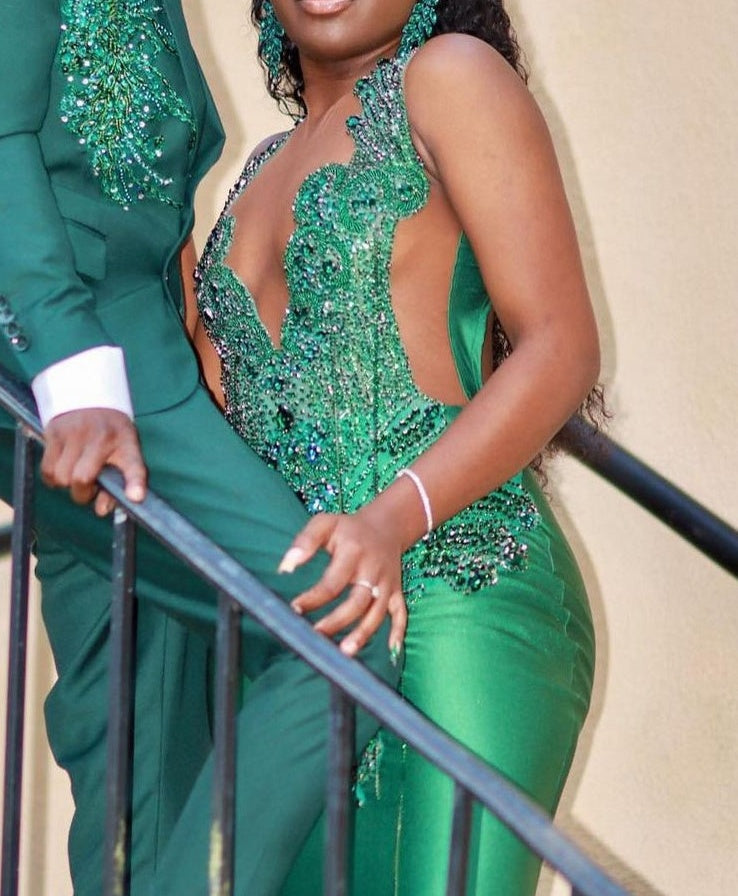 V-Neck Mermaid Sleeveless Beading Sweep Train Prom Dress