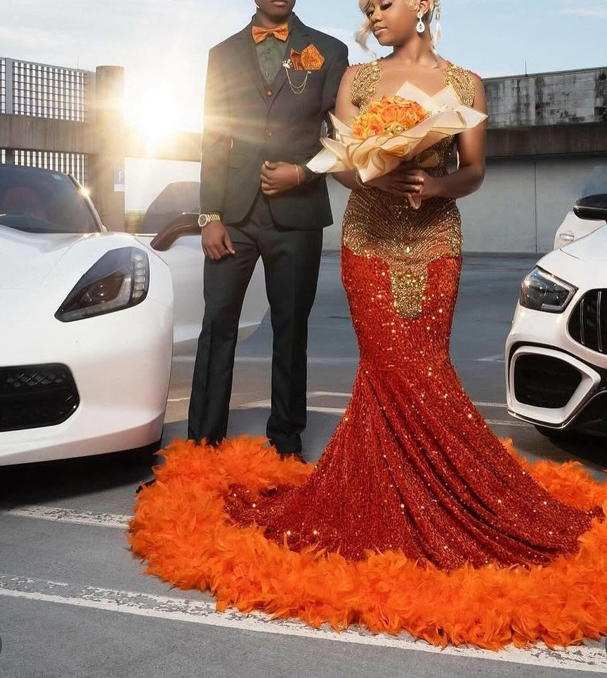 Gold appliques Orange Feathers Sequin Mermaid Long Prom Dresses