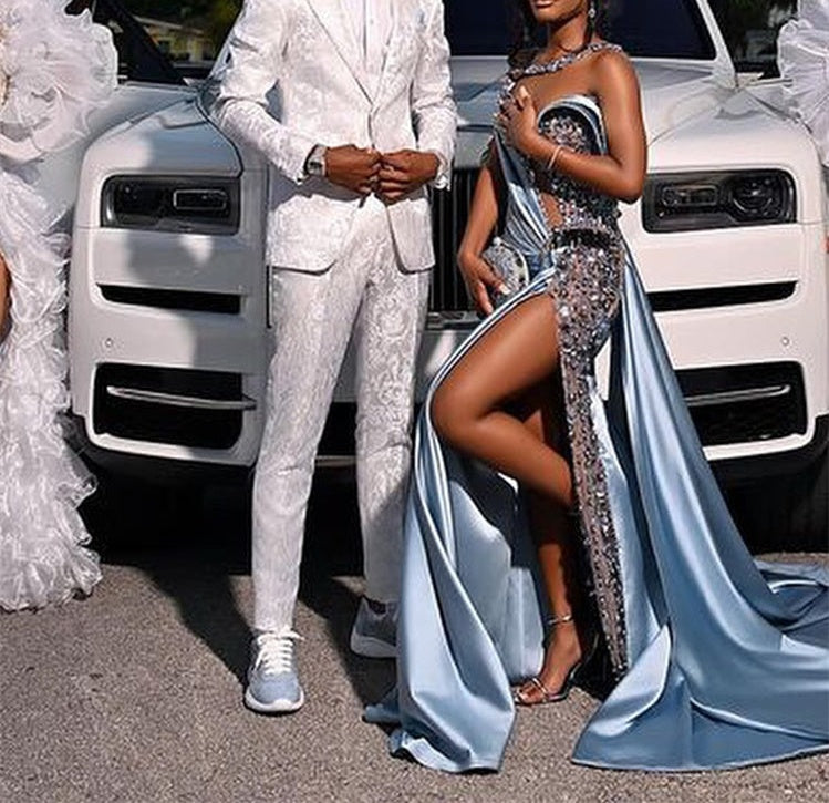 Dusty Blue One shoulder High Split Beaded Long Prom Dresses