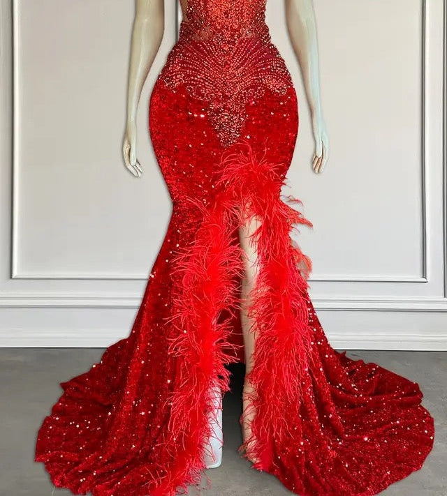 Red Sleeveless Sequins Mermaid Prom Dress with Front Slit Beadings and Feathers