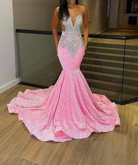 Chic Sleeveless Mermaid Sequins Prom Dresses With Ruffles Long