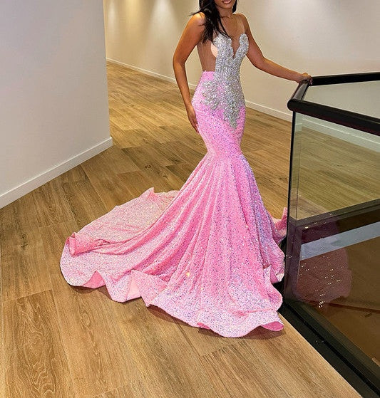 Chic Sleeveless Mermaid Sequins Prom Dresses With Ruffles Long