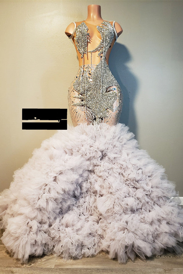 ombreprom Silver Sleeveless Mermaid Prom Dress Ruffles With Beadings