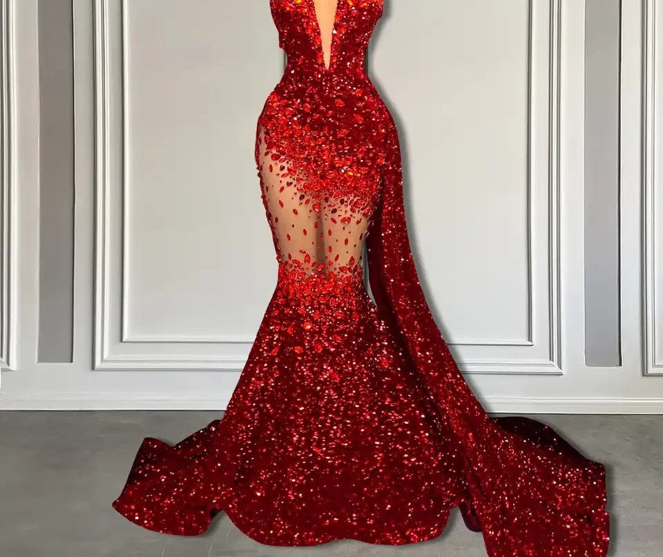 Red Mermaid Style Prom Dress with Sweetheart Sequins and Ruffle