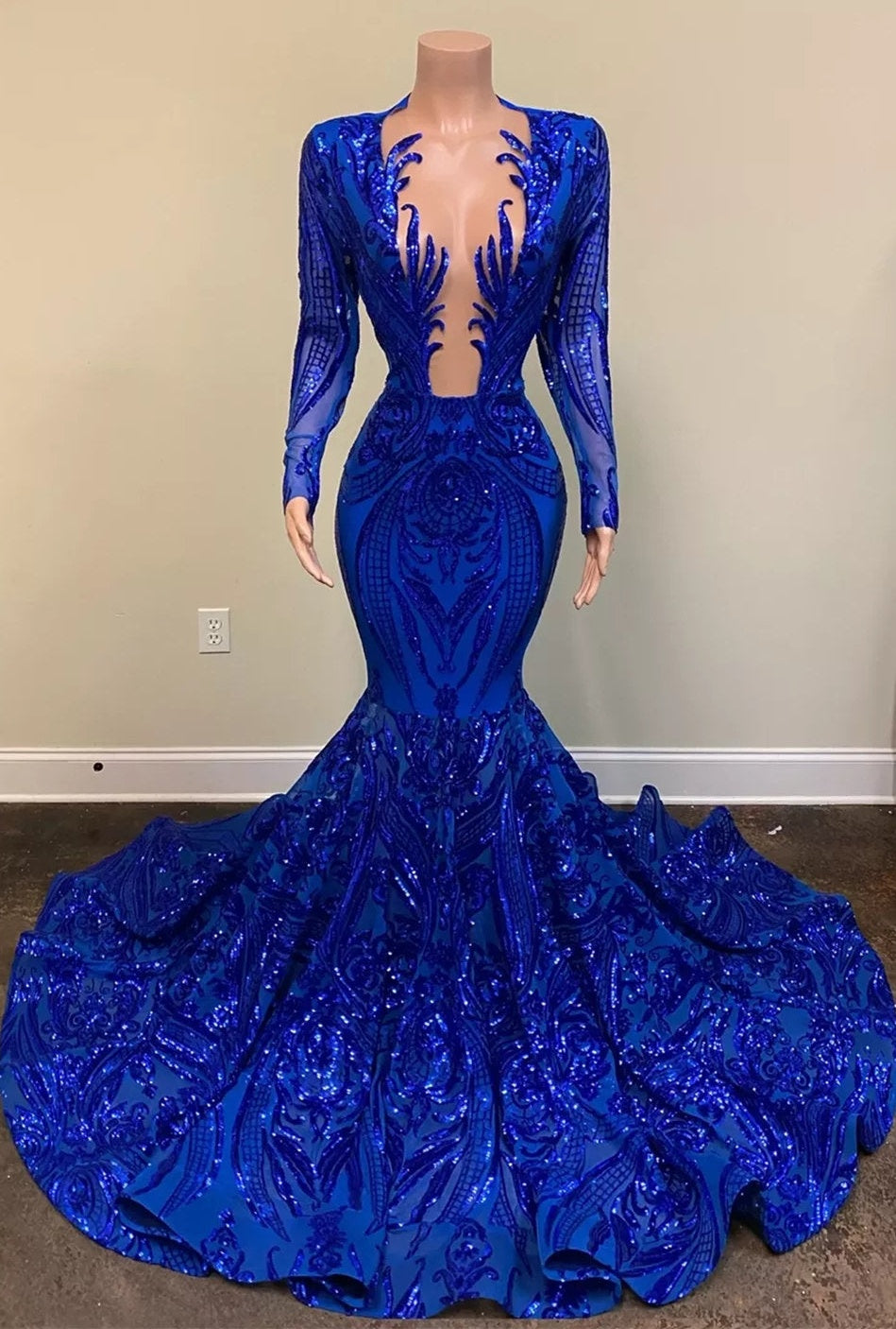 Hot Sparkle Royal Blue Sequin Long sleeves Mermaid Prom Dresses