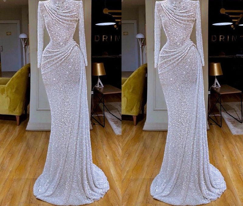 Sparkle White Sequin Long sleeves Pleated Long Prom Dress