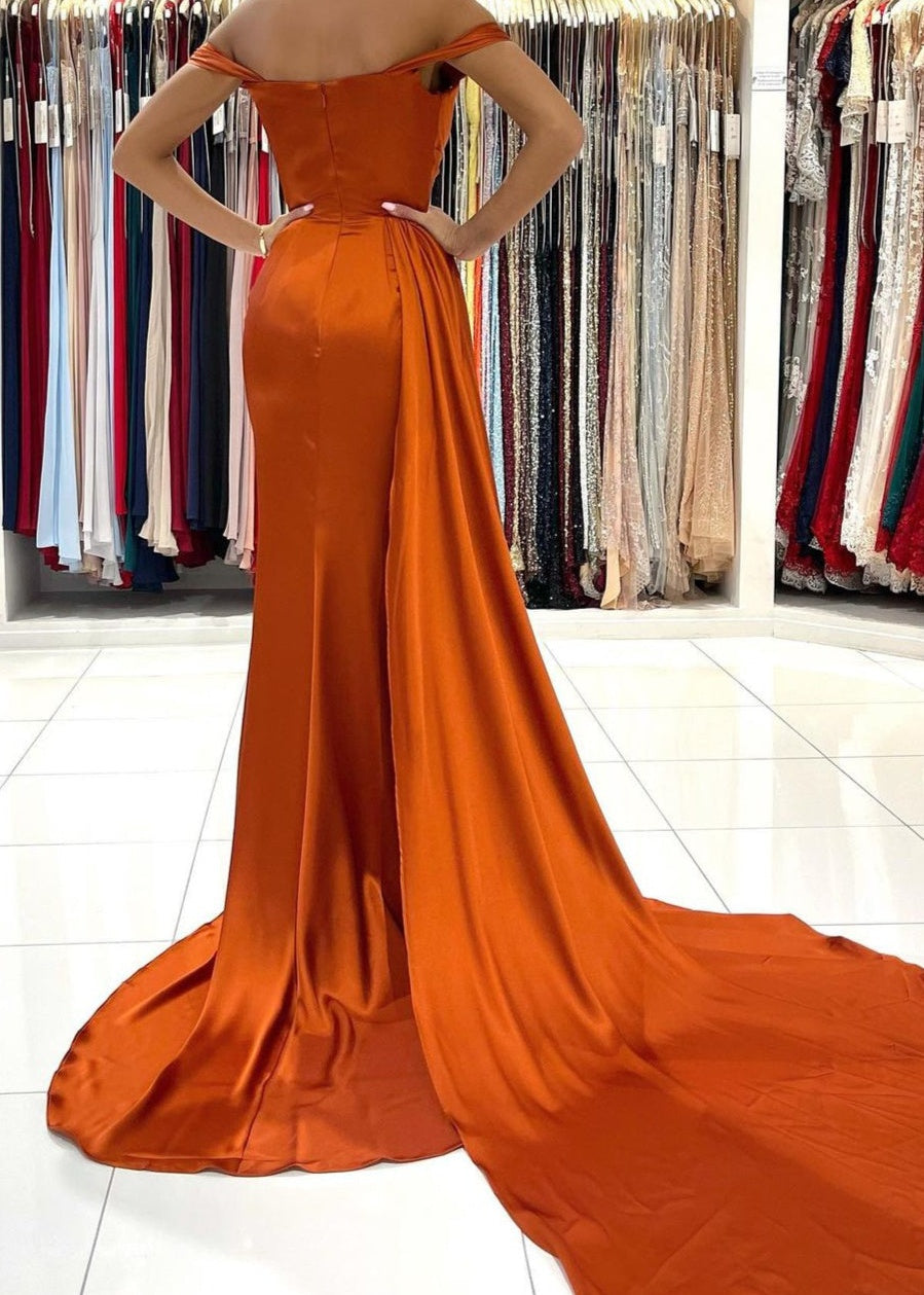 Burnt Orange Off-the-Shoulder Mermaid Prom Dress Long With Split