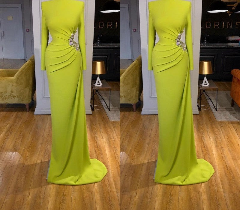 Ginger yellow High-neck Long-sleeves Metallic Beaded Mermaid Prom Dress