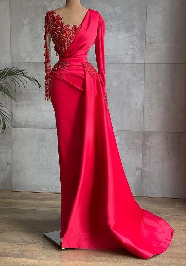 Gorgeous Red Long Sleeve Mermaid Evening Dress Lace Appliques Prom Gown Ruffles