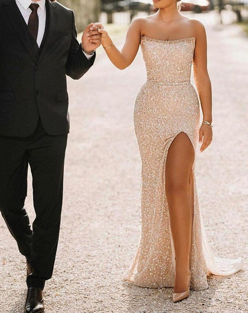 Sparkle Sequin Strapless Column High Split Long Prom Dresses