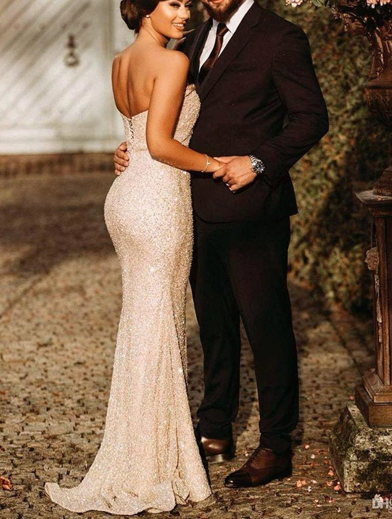 Sparkle Sequin Strapless Column High Split Long Prom Dresses