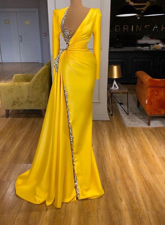 Bright Yellow V-neck Metallic Sequin Long sleeves Prom Dress