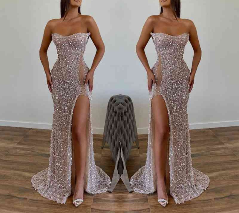 Modern Sequined Long Strapless A-line Evening Prom Dresses with Front Slit