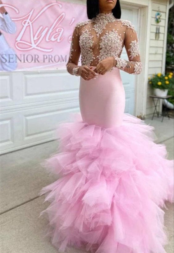 Trendy Pink Illusion neck Long Sleeves Mermaid Ruffles Prom Dresses