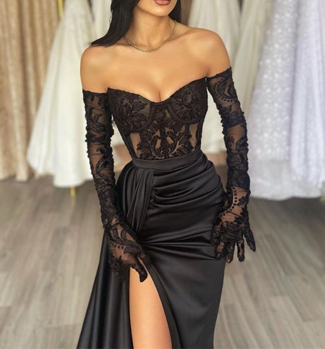 Charming Long Black Off-the-Shoulder Lace Mermaid Long Sleeves Prom Dresses Long Slit Online