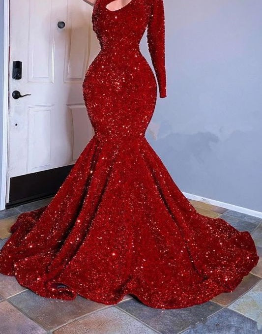 Amazing Red Long Sleeves Prom Dress One-Shoulder Mermaid With Sequins