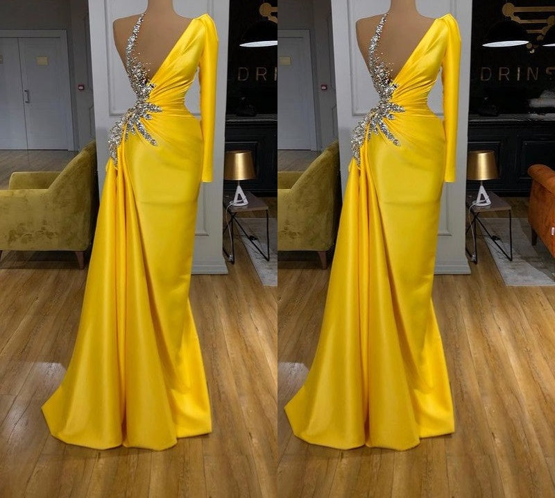 Illusion neck Bright Yellow One shoulder Bubble Sleeves Prom Dress