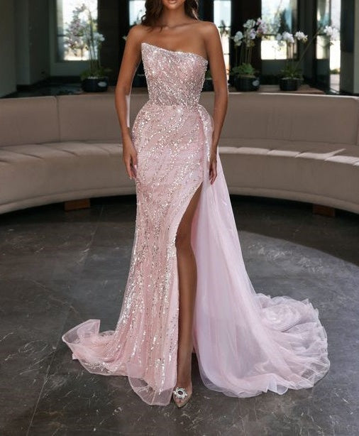Gorgeous Pink Sequins Sleeveless Long Mermaid Prom Dress Split Online